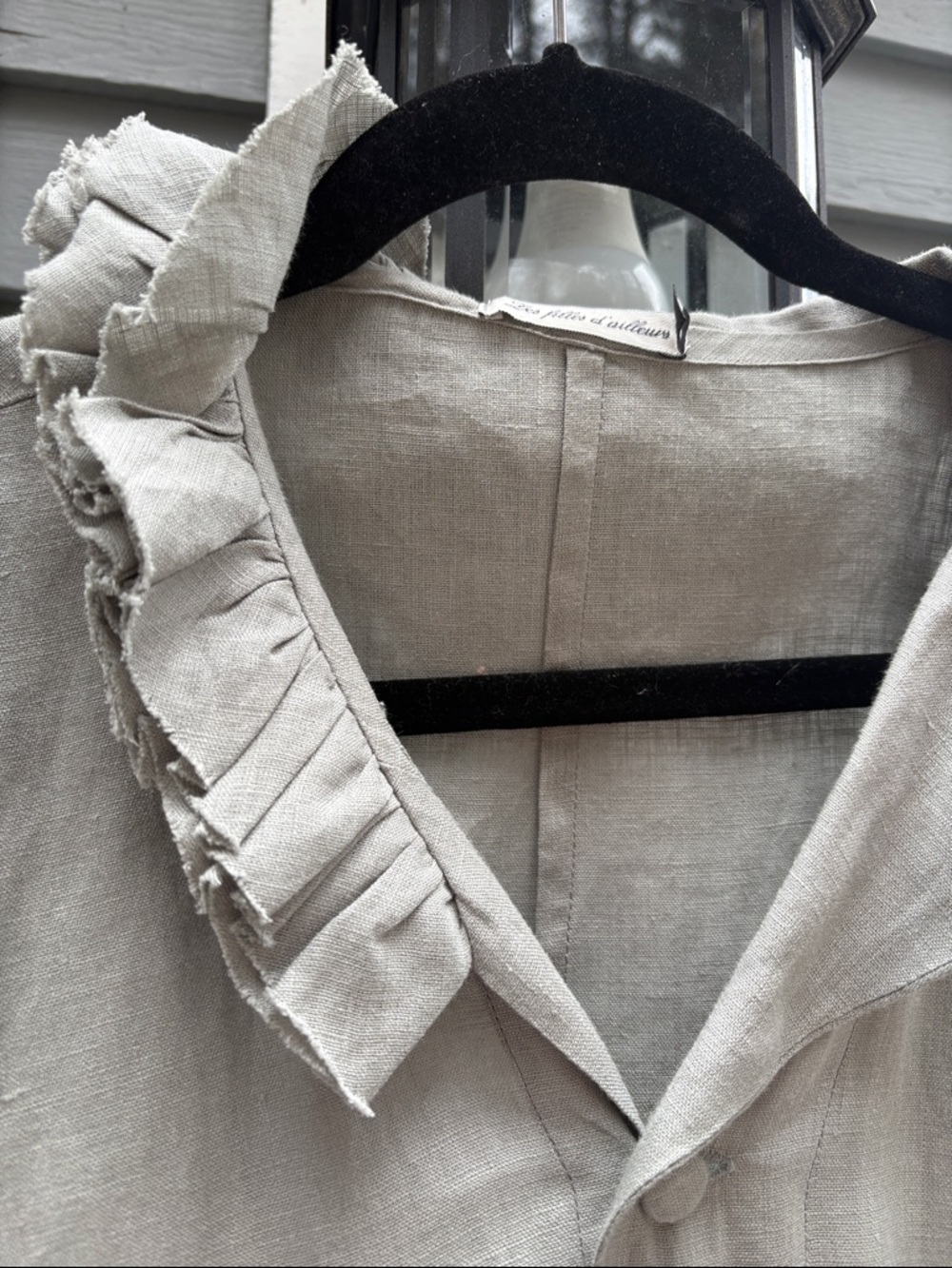 Light Gray Long Linen Women's Coat with Ruffle Collar - Picture 4 of 9